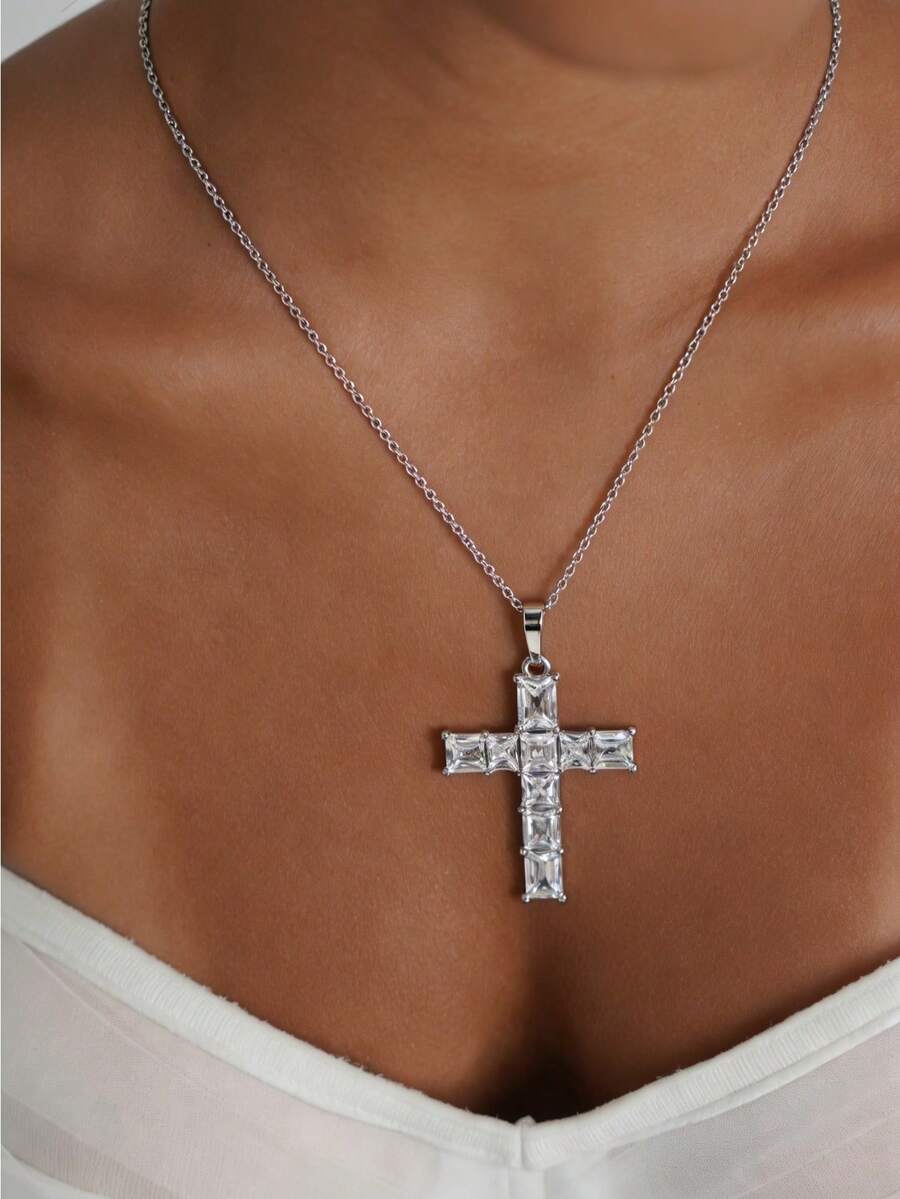 1pc Women's Fashion Cross Charm Pendant Necklace,Minimalist & Unique Style,Perfect For Daily Outings,Dinners & Parties (No Box) - Silver - View 1