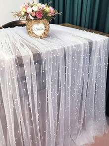 1pc Faux Pearl Sheer Fabric Photography Backdrop – Table Runner, Pearl Tablecloth, Wedding Arch & Reception Decor, Bridal Shower, Party Decoration, Bridal Veil - trắng - Xem 6