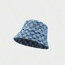 New Checkered Denim Hat 1pc Outdoor Sports Cap, Fashionable Personalized Bucket Hat For Daily Wear Street - Light Blue - 查看 8