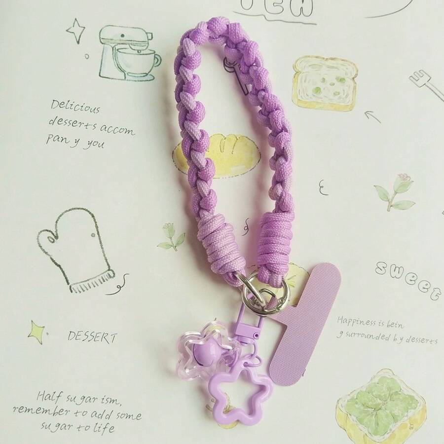 1pc Phone Lanyard, INS Colorful Nylon Braided Sturdy , With Star Bell Charm Wrist Short Anti-Drop Phone Case Strap - Purple - View 1