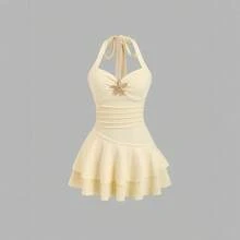 Women's Beach Vacation Elegant Textured Fabric Strap Front Ruched Metal Decorated Ruffle Mini Dress - 黃色 - 查看 1