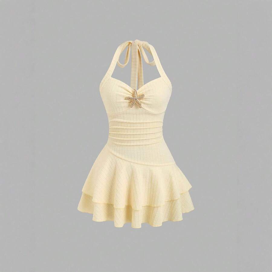 Women's Beach Vacation Elegant Textured Fabric Strap Front Ruched Metal Decorated Ruffle Mini Dress - 黃色 - 查看 1