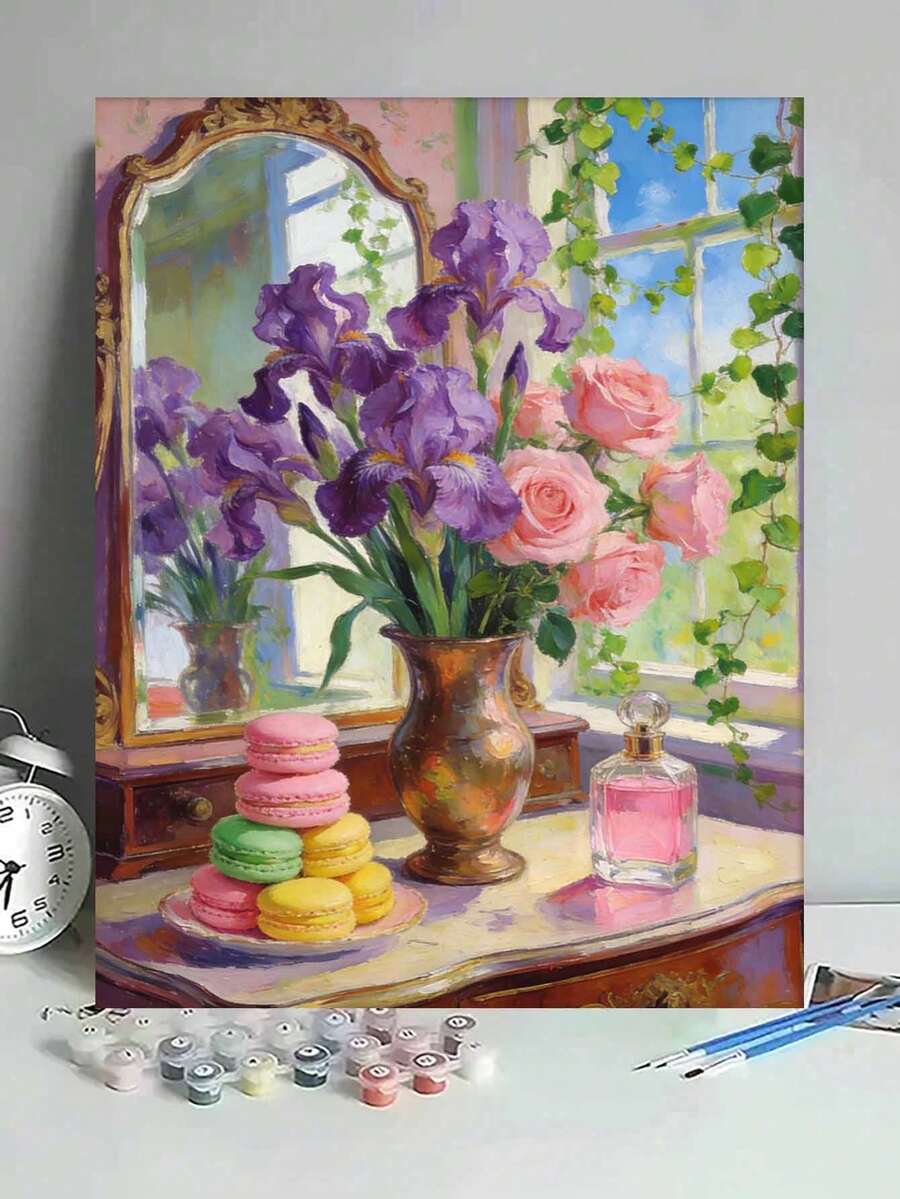 Natura morta con iris viola e rose rosa, macarons e bottiglia di profumo, pittura ad olio fai-da-te per numeri su tela, artigianato, decorazione domestica per adulti, 40x50cm/16x20 pollici, regali per le vacanze - 40*50 cm - Visualizzare 1