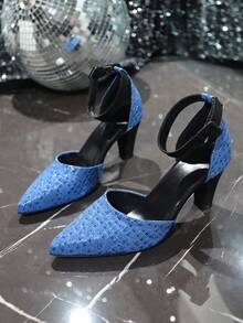 女士优雅镂空尖头搭扣高跟凉鞋，舒适百搭 - 藍色 - 查看 4