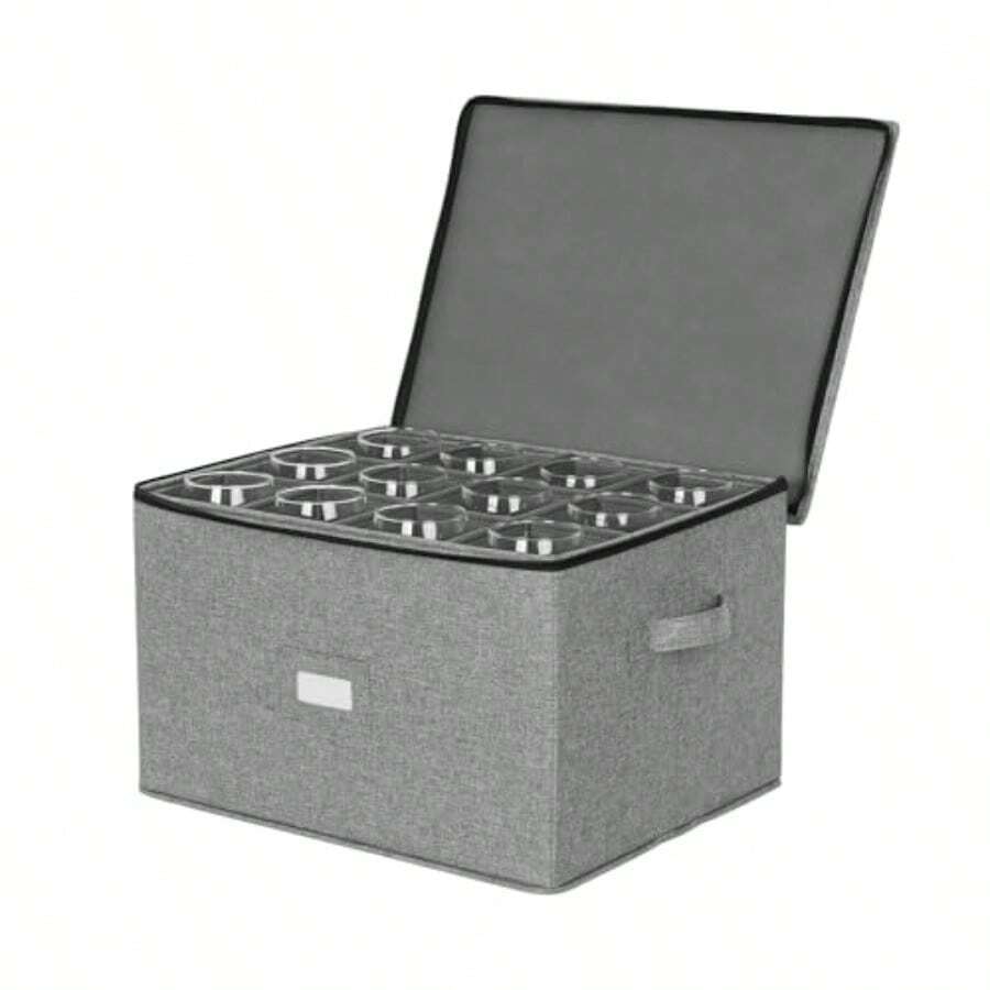 MU:4LIFE Caja de Almacenamiento para 12 Copas de Vino o Cristalería Contenedores con Divisores Removibles Tapa y Laterales Rígidos Gris - Gris - Ver 1