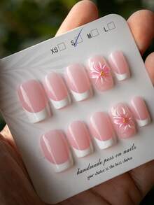 10片装Y2K风格 | 白色边框花朵美甲贴纸 | 手工法式美甲 | 白色法式甲片 + 白色边框花朵假指甲 | 温柔甜美，四季必备 | 适合通勤、派对和日常佩戴 | 送给女孩和女士的最佳礼物 - 彩色 - 查看 1