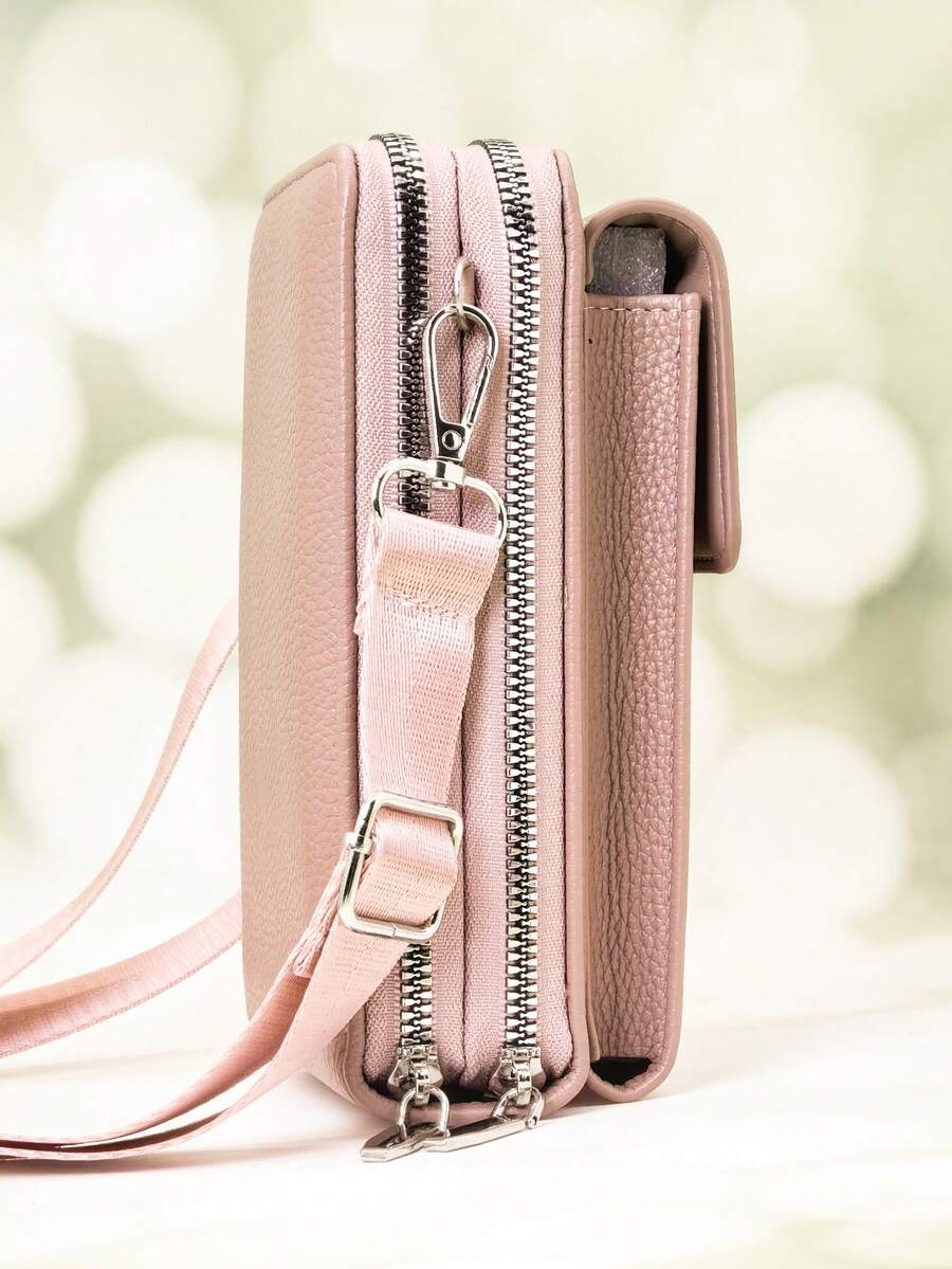 New Arrival Multi-Function Large Capacity Double-Layer Zipper Phone Wallet Crossbody Bag, Fashionable Minimalist Soft Pattern, Casual Vacation Date - Pink - View 1