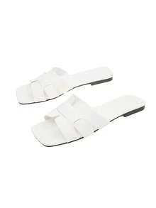 Sandali piatti casual stile vacanza per adolescenti, punta tonda, decorazione a fascia incrociata a forma di H, per uso quotidiano e pendolarismo, nero, bianco, marrone - Bianco - Visualizzare 3