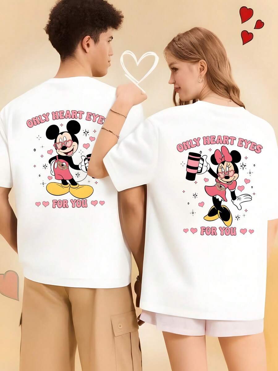 Valentine's Day Limited Edition: Disney Mickey And Minnie "Heartbeat" Themed Crew Neck Couple Short-Sleeve T-Shirts. The Men's Version Features A "Mickey Mouse Design + Heart Decoration" Print, While The Women's Version Features A "Minnie Mouse Desig - 男士白色 - 查看 1