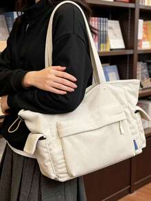 女士灯芯绒手提包，大容量单肩包，多口袋设计，休闲通勤上学旅行手提包 - 白色 - 查看 3
