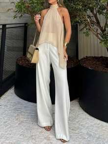 Solid Color Asymmetric Asymmetrical Knot Vacation Cold Shoulder Top Summer - Apricot - View 7