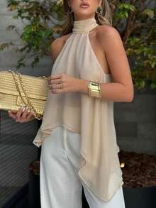 Solid Color Asymmetric Asymmetrical Knot Vacation Cold Shoulder Top Summer - Apricot - View 6