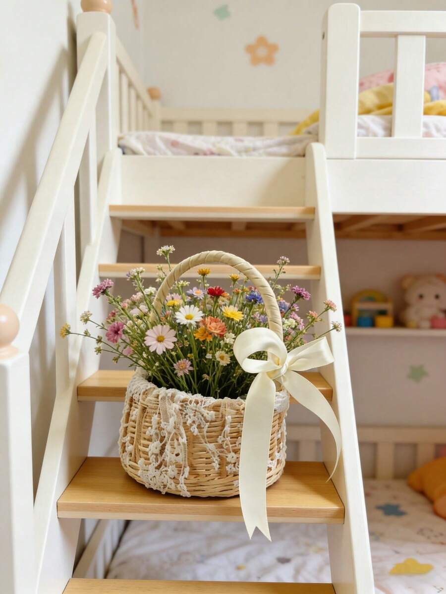 OBOVAY 1 chiếc giỏ hoa bằng tre đan thủ công có tay cầm và nơ, kiểu dáng cổ tích, thích hợp cho phòng trẻ sơ sinh, phòng ngủ, trang trí phòng em bé, phụ kiện cho bé gái, hộp đựng đồ, giỏ hoa cho bé gái. - Nhiều màu - Xem 1