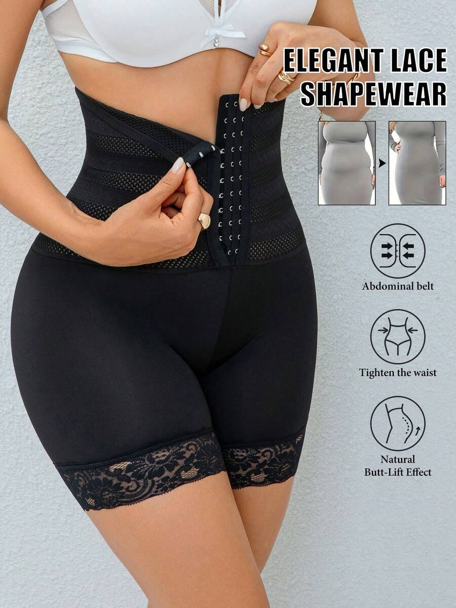 Women's Lace Shaping Leggings With Adjustable Front Buttons, Tight-Fitting Tummy Control Base Layer - Black - View 1