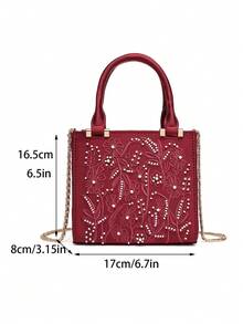 时尚花卉刺绣方形包 高品质手提包 大容量女士手提包 女士钱包 单肩斜挎包 - 酒紅色 - 查看 8