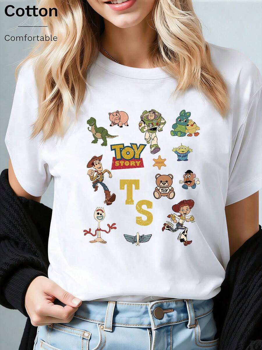 Disney Loose Edition "Toy Story" "TS" Retro Character Collection Printed T-Shirt, Suitable For Summer And Spring, Short Sleeved Tops, Women's Clothing, Holiday Gift Party Clothing. - 白色 - 查看 1