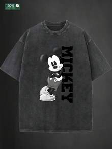 Disney Men's 230g Heavyweight Cotton T-Shirt - Mickey Mouse Street Print, Disney's Iconic Character, Soft Washed Texture, Loose Round Neck, Machine Washable, Suitable For Casual, Beach, Party, And Outdoor Activities, Vintage T-Shirt - Black - View 1