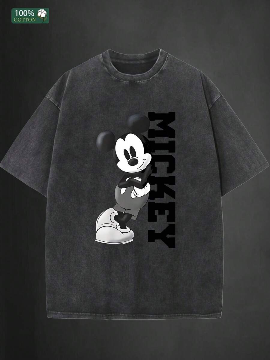 Disney Men's 230g Heavyweight Cotton T-Shirt - Mickey Mouse Street Print, Disney's Iconic Character, Soft Washed Texture, Loose Round Neck, Machine Washable, Suitable For Casual, Beach, Party, And Outdoor Activities, Vintage T-Shirt - Black - View 1