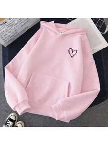 Plain Kangaroo Hoodie With Pocket, Unisex, Heart Design, Cold Weather Sweatshirt - 淺粉色 - 查看 2