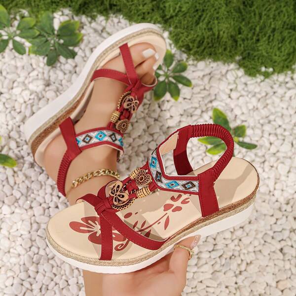 Sandalias de suela gruesa para mujer / Sandalias bohemias de punta abierta con suela gruesa. Emparejadas con un diseño elástico de una sola pieza de tacón medio cómodo, cuña de suela gruesa, tacón alto casual, sandalias romanas tejidas de cáñamo para la playa