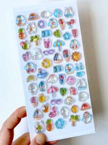 1张随机可重复使用3D贴纸 - 可爱水果、冰淇淋、拉布拉多犬、动物和宠物（猫、狗）| 自粘多层贴纸，不对称形状，哑光表面，适用于剪贴簿、日记、计划本、DIY手工 | 柔软亮丽的卡通3D浮雕可爱趣味贴纸，水晶钻石浮雕贴纸，创意定制计划本贴纸 - 彩色 - 查看 9