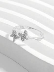 1枚闪亮优雅浪漫925银立方氧化锆蝴蝶可调节戒指，适合约会、婚礼、日常佩戴，增添魅力，亦可作为礼物。 - 銀色 - 查看 2