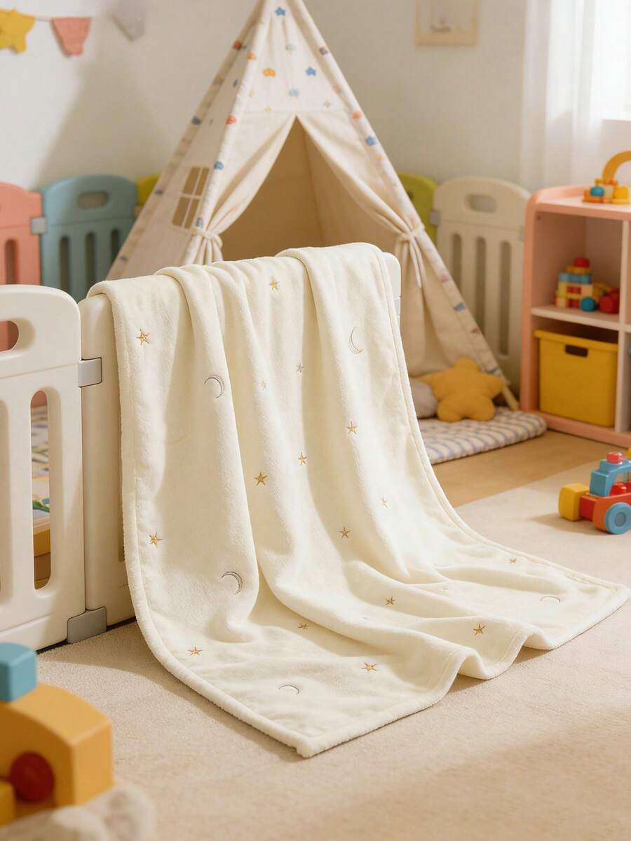 1 chiếc chăn em bé mới, chăn nhung mềm thêu hình gấu dễ thương, phù hợp cho trẻ sơ sinh, trẻ nhỏ, dùng được mọi mùa, dễ mang theo.