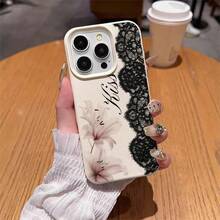 1pc TPU Material Elegant Black Lace Pink Lily Pattern Phone Case Suitable For IPhone 17 Pro Max/17/16 Pro Max/15/13/12/11, S20 FE/A15/S24/A55, Note 11/Note 12/Note 13 Pro, Full Coverage Anti-Drop Soft Protective Phone Cover - White - View 4