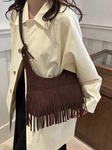 1 Stück neue Wildleder matte Damen Umhängetasche, modische Quasten Umhängetasche, retro Große Kapazität matte Halbmond Tasche, Pendler & Lässig vielseitige Umhängetasche, Kontrastfarbener Reißverschluss, verstellbarer Riemen, geeignet für Ausflüge, Dates, Einkaufen, Arbeit, Geschäft, Reisen, Geschenk - Kaffeebraun - Übersicht 7