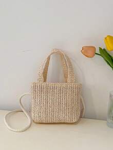 Pink Bow Straw Handbag, Girly Woven Underarm Bag, Summer Mini Purse - Multicolor - View 8