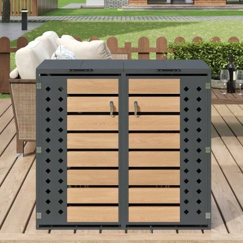 Storage Box For Rubbish Bins With Hinged Lid, Lockable, Two Doors, Hollow Diamond-Shaped Door Panel - View 1