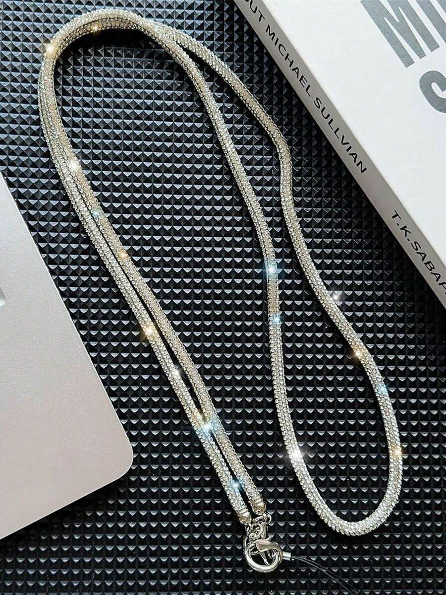 奢华银色水钻挂绳，长款斜挎肩带，闪亮水钻手机挂绳，时尚钻石斜链，适用于手机、包包、相机，生日礼物 - 斜背繩 - 查看 1