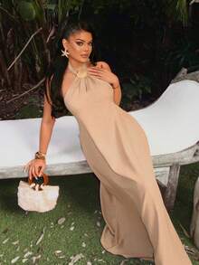 AIJ Đầm maxi nữ Amarilo chất liệu dệt họa tiết - Cổ khoét rỗng với họa tiết tròn, trang phục gợi cảm thường ngày cho kỳ nghỉ biển, trang phục dự tiệc mùa hè thanh lịch. - Màu be - Xem 7