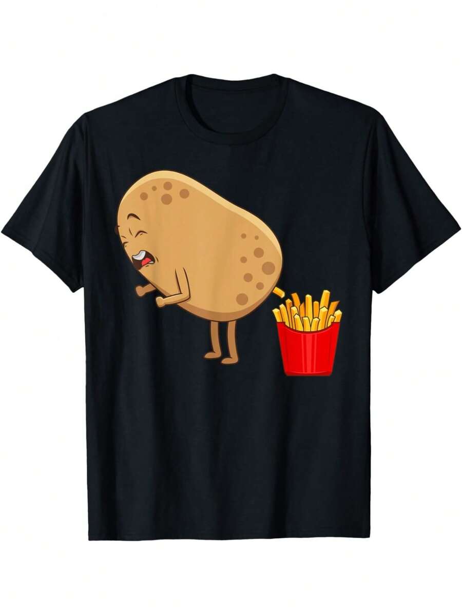Funny Potato Fries T-Shirt-Black Turtleneck With Beige Potato Print, 180g Light Cotton Men's And Women's Top, Daily Casual Sportswear, Machine Washable Halloween Party T-Shirts Comfortable Knitted Fabric, PLUS SIZE - 黑色 - 查看 1
