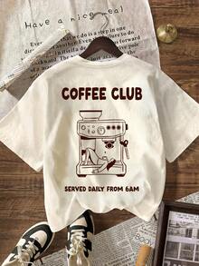 咖啡爱好者俱乐部图案T恤，女士休闲圆领短袖简约T恤，夏季度假/外出穿搭 - 彩色 - 查看 2