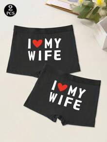 2 chiếc quần lót nam màu đen in chữ và trái tim, co giãn, thoải mái, mặc hàng ngày. - màu đen - Xem 4