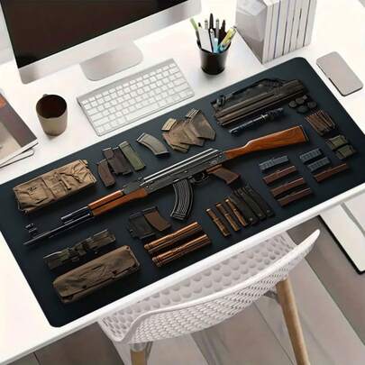 1pc AK Firearm Large Gaming Mouse Pad,Hardcore Military Style Extended Desk Mat,Office Desk Accessories Non-Slip Stitched Edge Computer Mat ,Rubber Base Laptop Keyboard Pad For Home Office & Gamer,Durable And Spill-Resistant