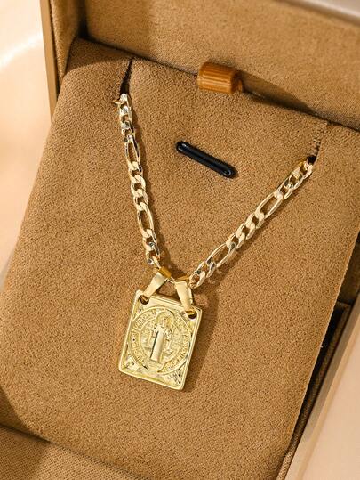 Dây chuyền đồng mạ vàng 14K, khóa đôi, mang các biểu tượng tôn giáo như Đức Mẹ Guadalupe, Thánh Jude, Thánh Benedict, thiết kế tối giản, đa năng, phù hợp để đeo hàng ngày, một món quà tinh tế mang ý nghĩa tôn giáo.