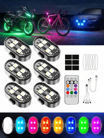 GLANBERT 6/4/2/1pcs Upgraded Wireless LED Flashing Light Strip With Remote Control, 7 Color Waterproof Rechargeable Emergency Light With 4 Bright LEDs, Suitable For Car, Motorcycle, Bicycle, Drone And Aircraft