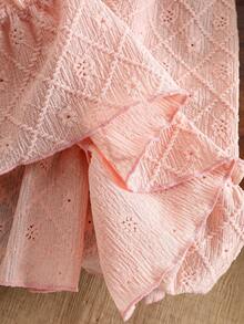 Girls' Casual Comfortable Solid Color Cap Sleeve Bow Hollow Embroidered Dress, Spring/Summer - Pink - View 9