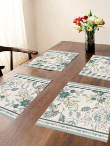 4Pcs Watercolor Floral Bird Placemats - Vintage Sunflower Peony Daisy Farmhouse Heat-Resistant Placemats For Terrace Round Tables Holiday Parties Kitchen Home Dining Tables Tea Parties - Baby Blue - View 3