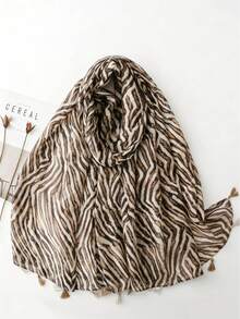 Women's Retro Niche Caramel Tone Zebra Print Scarf, Wild Style Thin Tassel Shawl, Fashion & Personalized - Rust - View 1