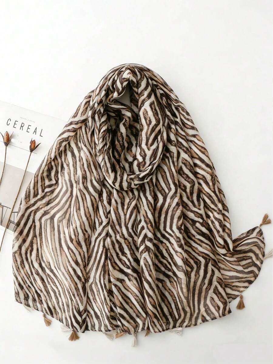Women's Retro Niche Caramel Tone Zebra Print Scarf, Wild Style Thin Tassel Shawl, Fashion & Personalized - Rust - View 1