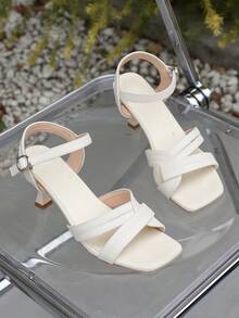 White Slim Heel Sandals For Teen Girls - Square Toe Cross Strap With Ankle Wrap & Metal Ring, Fresh Summer Style - White - View 10