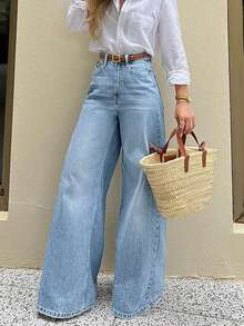 Quần jeans cạp cao phong cách American Baddie, quần jeans ống đứng dáng rộng kiểu retro dành cho nữ, phù hợp cho mọi mùa. - Rửa nhẹ - Xem 3
