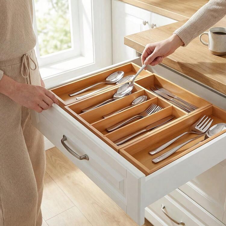 Bamboo Kitchen Drawer Organizer, Expandable Silverware Tray For Drawer, Multi-Slot Silverware Organizer & Utensil Drawer Organizer For Cutlery - Wood Color - View 10