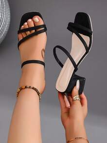 Giày sandal cao gót màu trắng thanh lịch dành cho nữ - Mũi vuông, gót dày, quai giả da, giày công sở phù hợp mọi mùa, gót nhọn - màu đen - Xem 7