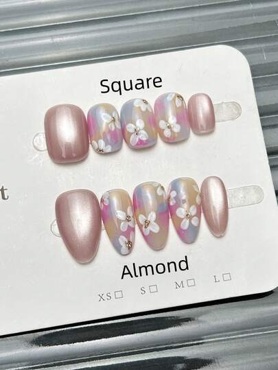 10片手工方形杏仁形亚克力美甲贴片，短款，柔和粉色，闪亮猫眼，手绘简约花朵紫黄渐变，简约优雅奢华春季美甲，夏季美甲贴片，多功能美甲DIY假指甲，适合派对、日常、约会、海滩、热带度假等场合，可重复使用，送给女性和女孩的礼物，美甲用品
