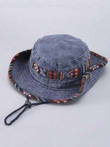 Boho Unisex Summer Outdoor Leisure Sun Hat Cowboy Anti-UV Fishing Cap For Men With Wide Brim (Button Placement And Fabric Pattern Random) - A Navy Blue - View 10