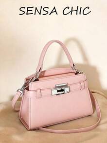 Túi xách nữ thời trang có khóa cài, túi vuông nhỏ cao cấp mới, đeo vai và đeo chéo 2 trong 1, ví cầm tay nữ màu trơn, làm từ da PU vân vải, túi đeo vai. - Hồng - Xem 9